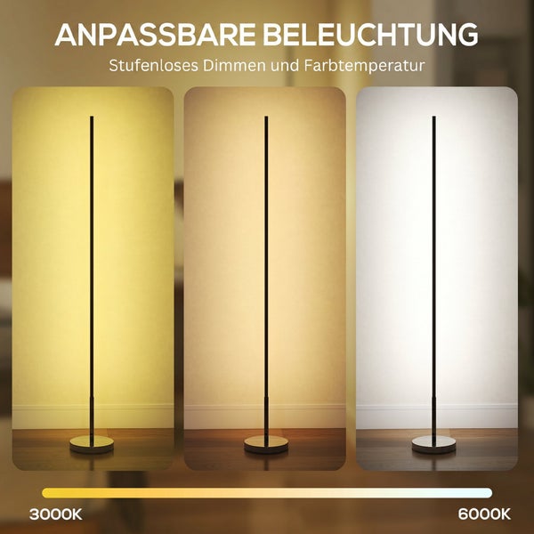 Schlanke LED-Stehleuchte mit einstellbarer Farbtemperatur von 3000 bis 6000 Kelvin und stufenloser Dimmfunktion.
