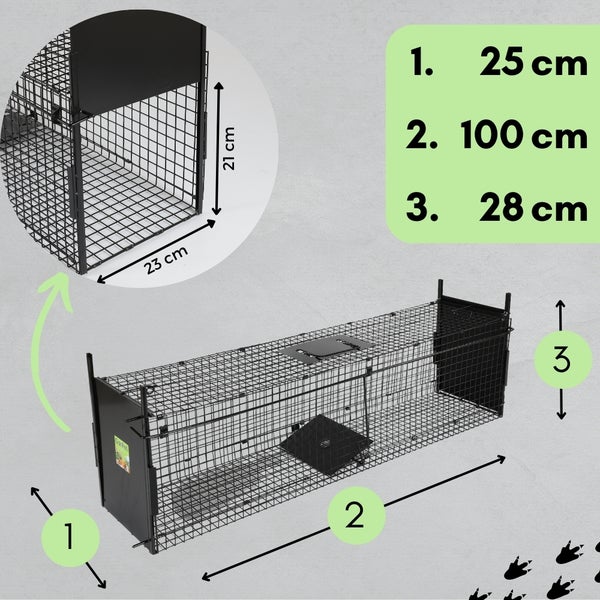 Lebendfalle mit den Maßen 25 cm x 100 cm x 28 cm.