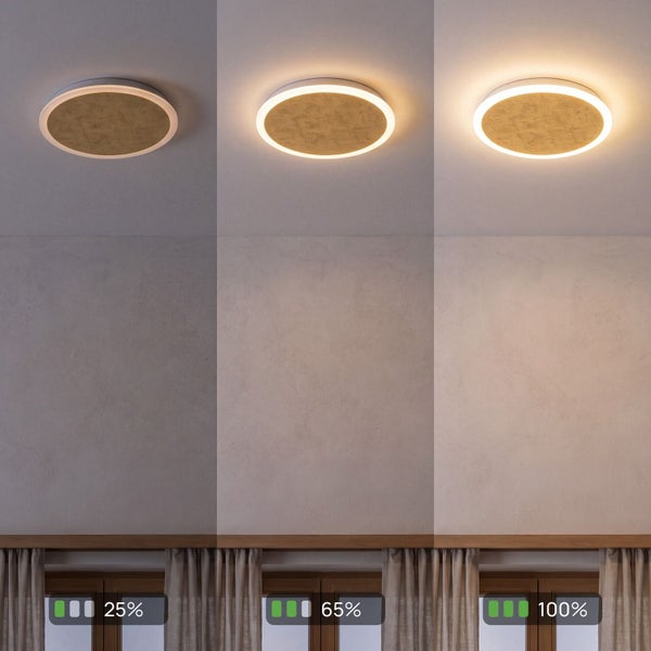 Runde Deckenleuchte in Betonoptik mit LED-Lichtring, Darstellung der Dimmstufen 25 Prozent, 65 Prozent und 100 Prozent.