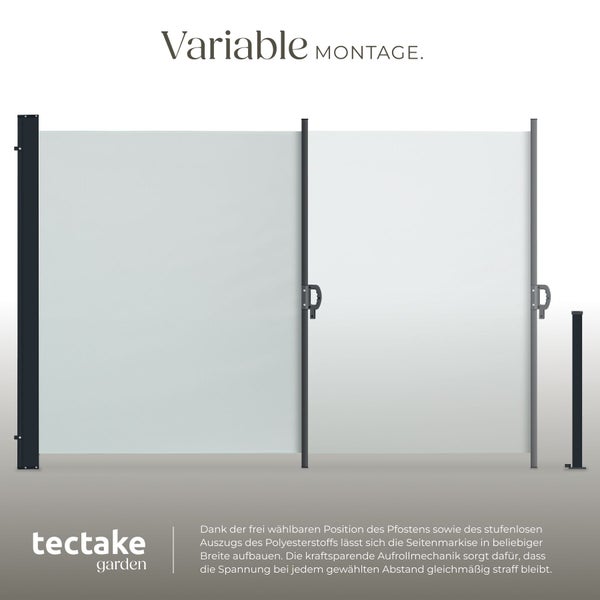 Graue Doppel-Seitenmarkise aus Polyester mit Metallpfosten, stufenlos ausziehbar für variablen Sichtschutz und Windschutz. tectake garden Logo.
