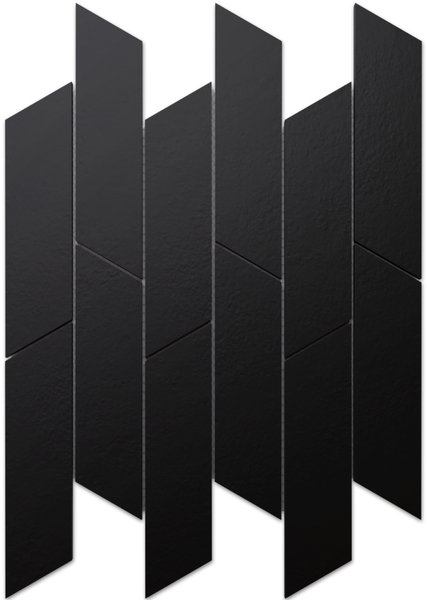 Mosaikfliese aus schwarzen, länglichen Parallelogrammen in versetzter Anordnung.