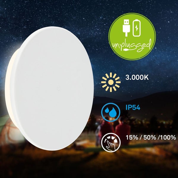 Runde LED Akku Wandleuchte mit Touch Dimmfunktion, USB Ladeanschluss, 3000 Kelvin und Schutzart IP54 für den Außenbereich.