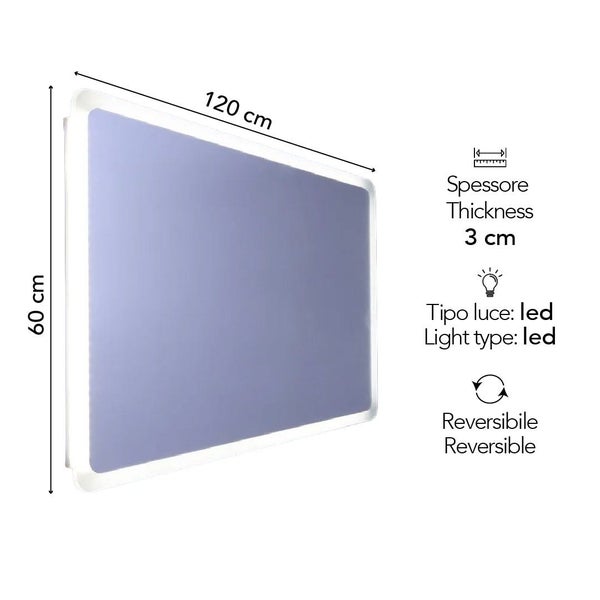 Rechteckiger LED-Badezimmerspiegel, Breite 120 Zentimeter, Höhe 60 Zentimeter, Tiefe 3 Zentimeter, wendbar.