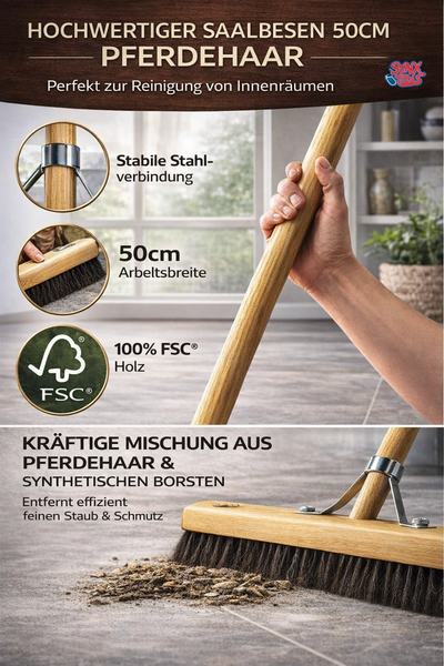 Saalbesen mit Rosshaar und Holzstiel, Arbeitsbreite 50 cm