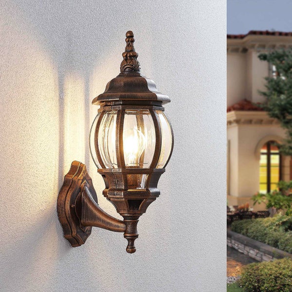 Lindby Wandlampe außen Laterne gold gebürstet, Aussenwandleuchte seewasserfest spritzwassergeschützt IP44 1xE27 max. 60W ohne Leuchtmittel Außenleuchte