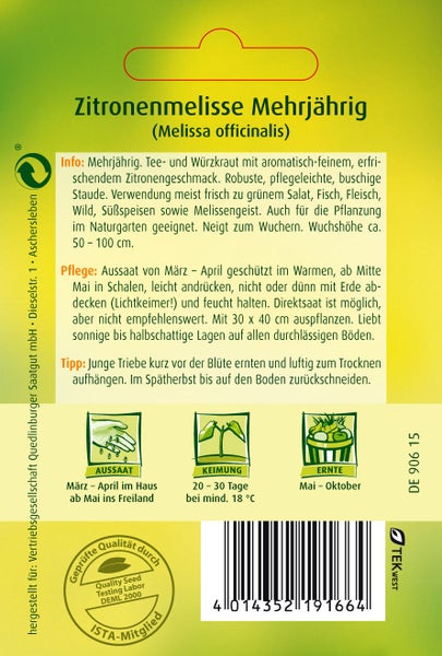 Rückseite einer Samentüte für mehrjährige Zitronenmelisse mit Informationen zu Pflege, Aussaat, Keimung und Erntezeiten.