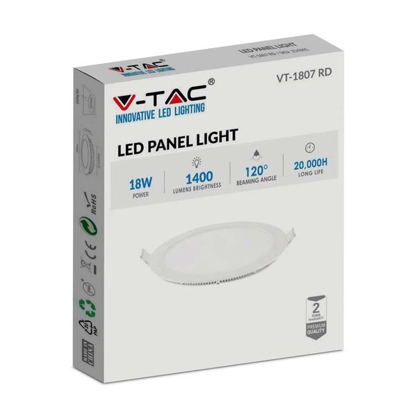 V-TAC Logo auf einer LED-Panel-Leuchtenverpackung mit Informationen zu Leistung, Helligkeit, Abstrahlwinkel und Lebensdauer