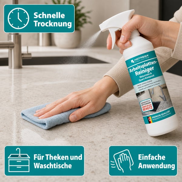 Eine Person sprüht Hotrega Arbeitsplattenreiniger auf eine Küchenarbeitsplatte und wischt mit einem Tuch nach, für Naturstein und Quarzkomposit.