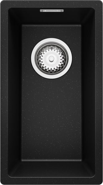 PRIMAGRAN Spülbecken Schwarz Metallic 26x47cm, Granitspüle 1 Becken + Ablauf-Set, Küchenspüle ab 30er Unterschrank - London Slim
