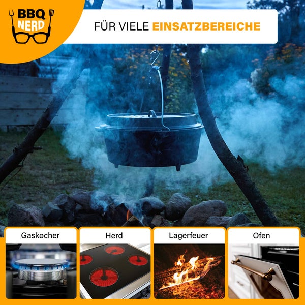 BBQ-Nerd Dutch Oven Starter 3,1L mit Füßen | bereits eingebrannt - preseasoned | Gusseisen Feuertopf, Bräter mit Deckel inkl. Deckelheber | Feuerfester Grill & Camping Kochtopf, Grilltopf