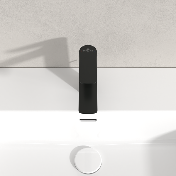 Villeroy & Boch Oasis Waschtischarmatur ohne Zugstange, Wasserhahn Bad mit Keramikkartusche, Waschbeckenarmatur wassersparend, Auslauf Höhe 114mm, rund, Matt Black