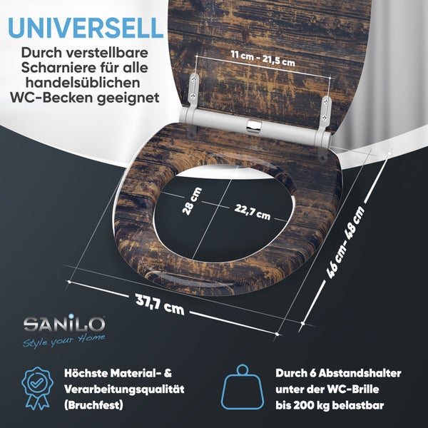 WC-Sitz Sanilo in dunkler Holzoptik, belastbar bis 200 Kilogramm, verstellbare Scharniere, Maße: 37,7 mal 46 bis 48 Zentimeter.