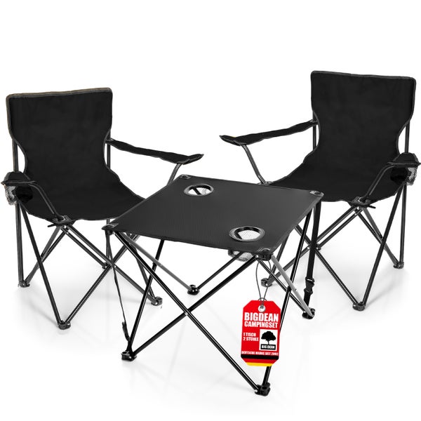 BigDean 2 Stück Campingstühle & Campingtisch faltbar – Faltstuhl in Schwarz mit Getränkehalter & Tragetasche ideal für Camping, Festival & mehr