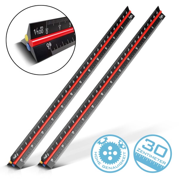 Maßstabslineal mit den Maßen 1:100, 1:200, 1:300, 1:400, 1:500 und 1:600
