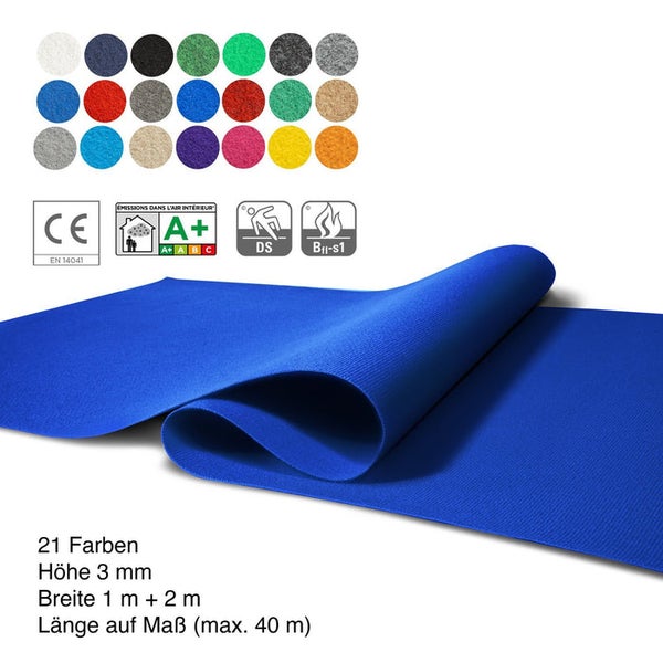 Blauer Teppich als Rollenware mit Auswahl an Farben, CE-Kennzeichen, A Plus-Zertifikat für Raumluftqualität, DS-Zeichen für Rutschfestigkeit und Brandschutzklasse Bfl-s1.