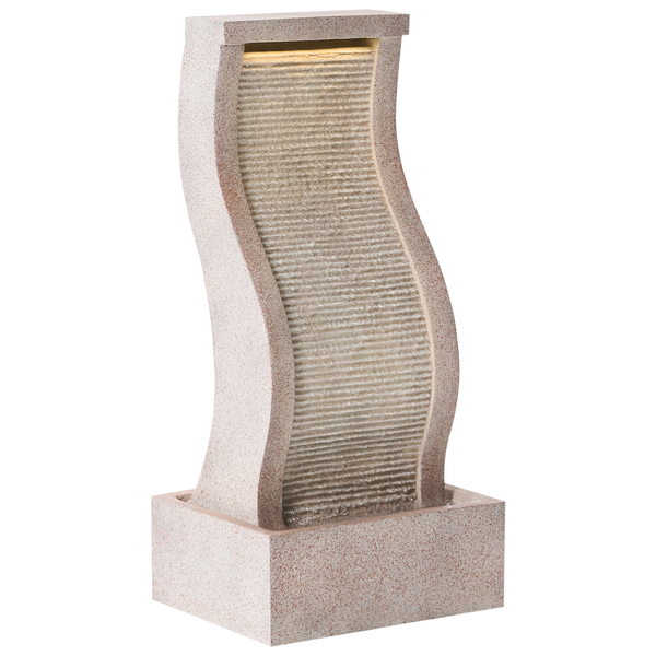 Moderner Gartenbrunnen in S-Form mit Steinoptik, horizontalen Rillen für Wasserlauf und LED-Beleuchtung am oberen Rand.