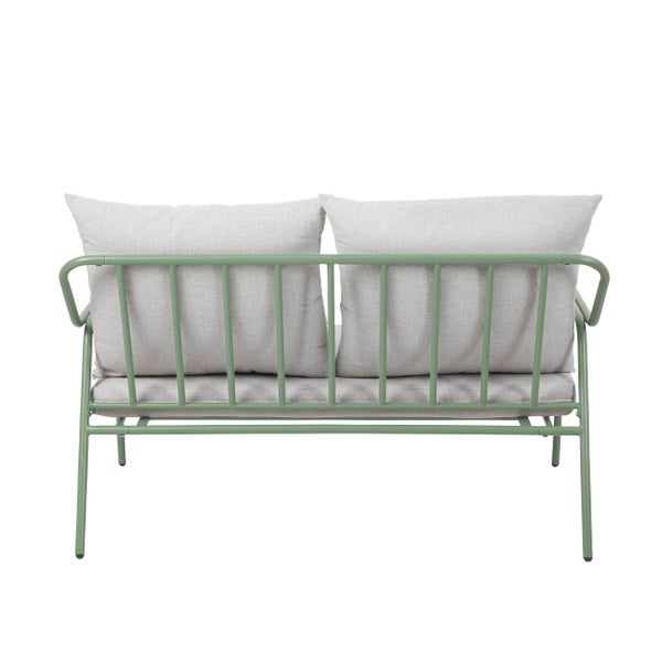 Gartensofa mit grünem Metallgestell und hellgrauen Kissen, Rückansicht