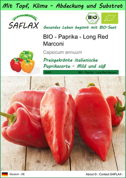 SAFLAX Garden to go - BIO - Paprika - Long Red Marconi - Capsicum annuum - 20 Samen - Mit Topf, Klima - Deckel und Anzuchtsubstrat