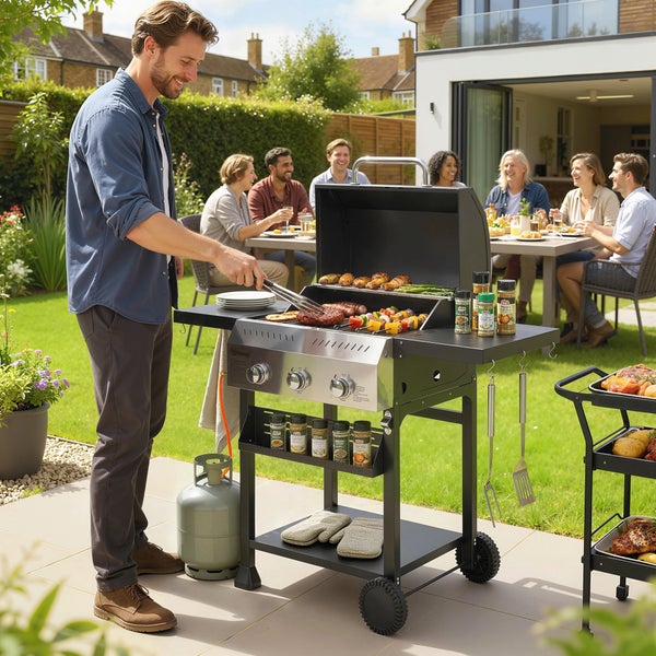 Ein Mann bedient einen dreiflammigen Gasgrill mit Edelstahlfront in einem hellen Garten. Im Hintergrund sitzt eine Gruppe an einem Tisch.