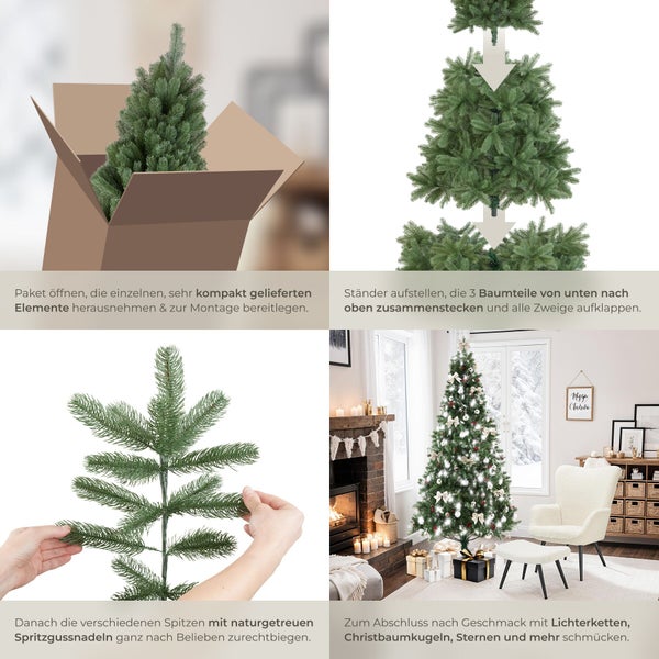 Anleitung zum Aufbau eines künstlichen Weihnachtsbaums in vier Schritten: Auspacken, Zusammenstecken der drei Teile, Zweige biegen und dekorieren.