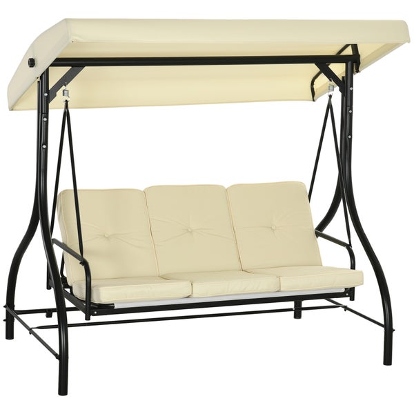 Outsunny 2 in 1 Hollywoodschaukel mit Liegefunktion 3-Sitzer Gartenschaukel mit verstellbarem Sonnendach, Schaukelbank belast bis 240kg, Gartenliege für Garten, Terrasse, 195x117x175 cm, Beige