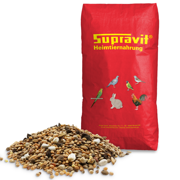 Supravit Heimtiernahrung in roter Verpackung mit einer Schüssel Tierfutter