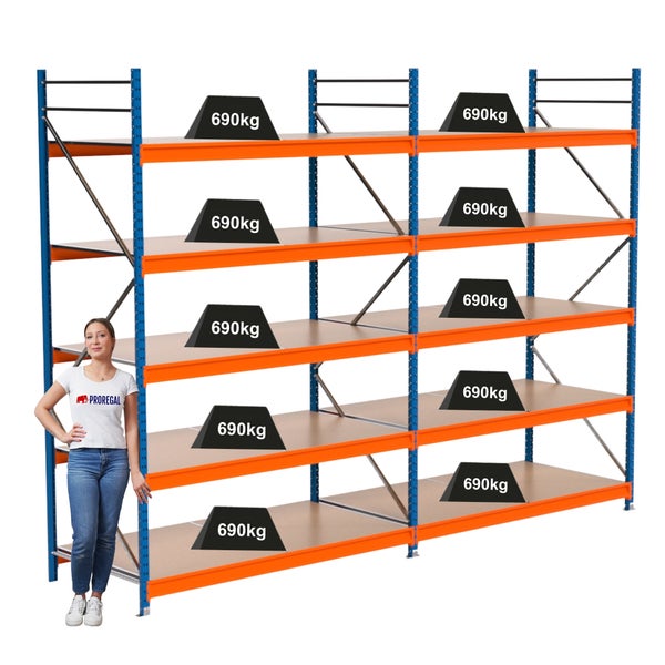 Schwerlastregal mit mehreren Ebenen und hoher Tragkraft von 690 Kilogramm