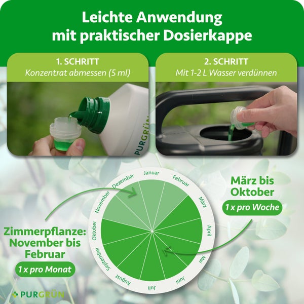 Purgrün Flüssigdünger Anwendung: 5 Milliliter Konzentrat abmessen und mit 1 bis 2 Liter Wasser mischen. Inklusive Düngekalender.