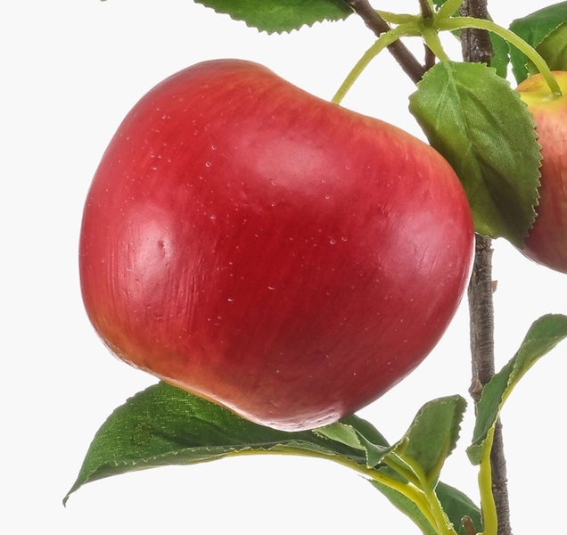 Detailansicht einer Kunstpflanze mit langen gezackten Blättern und einem gelben Blütenkopf.