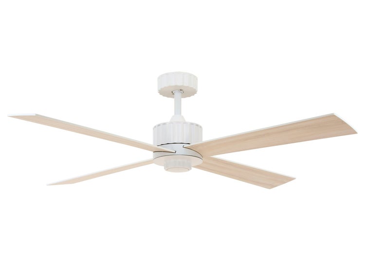 Deckenventilator mit vier Flügeln in Holzoptik und Gehäuse zur Deckenmontage