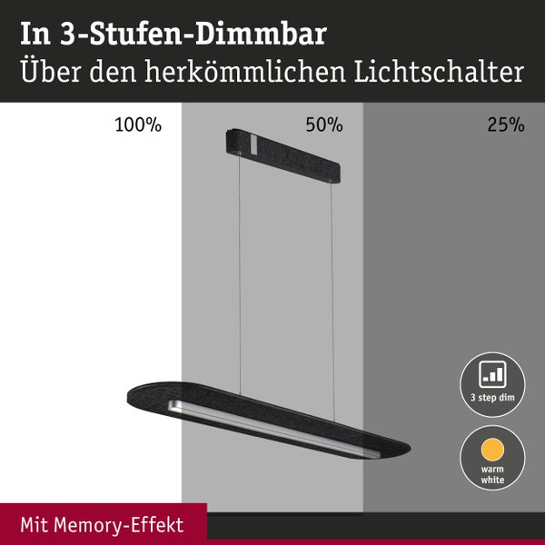LED-Hängeleuchte mit 3-Stufen-Dimmfunktion über den herkömmlichen Lichtschalter, warmweißem Licht und Memory-Effekt.