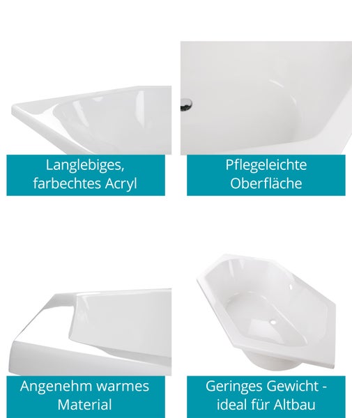 Produktmerkmale einer sechseckigen Badewanne aus langlebigem Acryl mit pflegeleichter Oberfläche, warmem Material und geringem Gewicht.