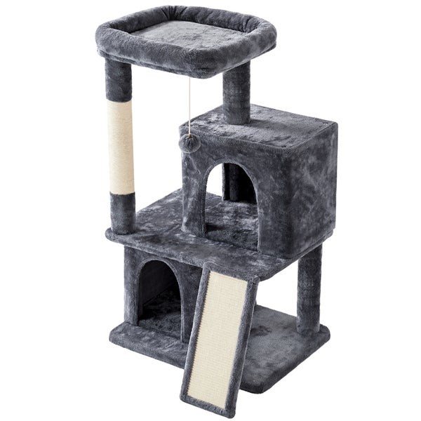Grauer Kratzbaum mit Liegefläche, Höhle und Spielzeug für Katzen