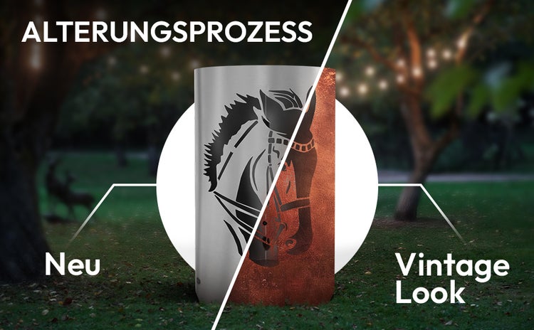 Feuersäule mit Pferde-Motiv und Alterungsprozess