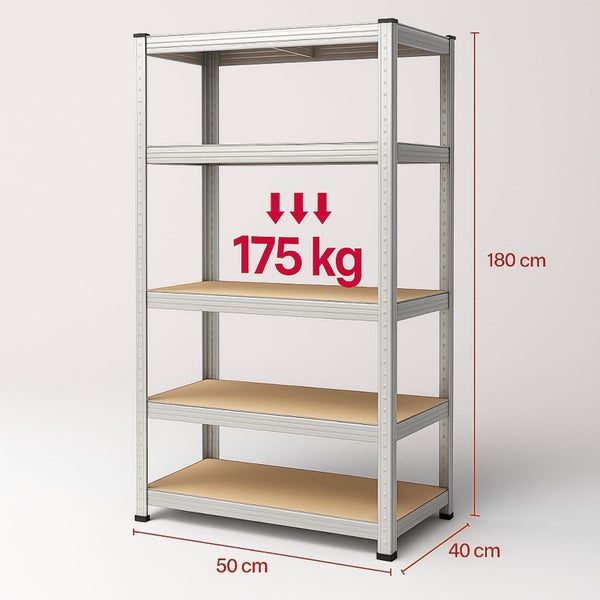 Metallregal mit fünf Böden und einer maximalen Traglast von 175 Kilogramm pro Boden, Abmessungen 50 x 40 x 180 Zentimeter