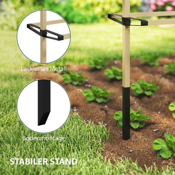 Stabile Rankhilfe aus lackiertem Metall zur Bodenmontage im Garten, gezeigt in einem Beet mit Pflanzen.