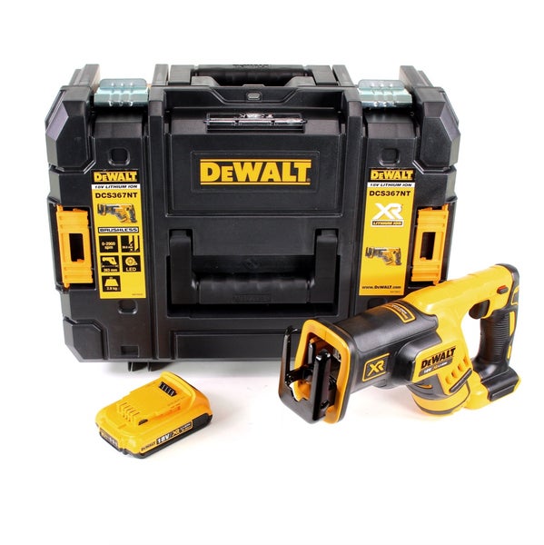 DeWalt Akku-Säbelsäge DCS367NT 18 Volt mit einem Akku und einem Transportkoffer.