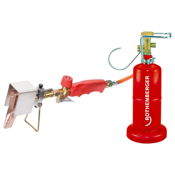 Rothenberger Propan-Lötset für Dachdecker mit roter Gasflasche, Schlauch, Handbrenner und Kupferstück.