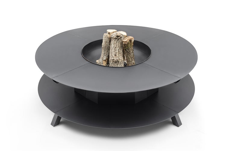 The Favilla Fuji Feuerschale Schwarz – Feuerstelle mit Holzfach & Abdeckhaube | 120x120x46 cm | Pulverbeschichtet, wetterfest & vormontiert | Gartenofen für Terrasse & Outdoor-Lounge