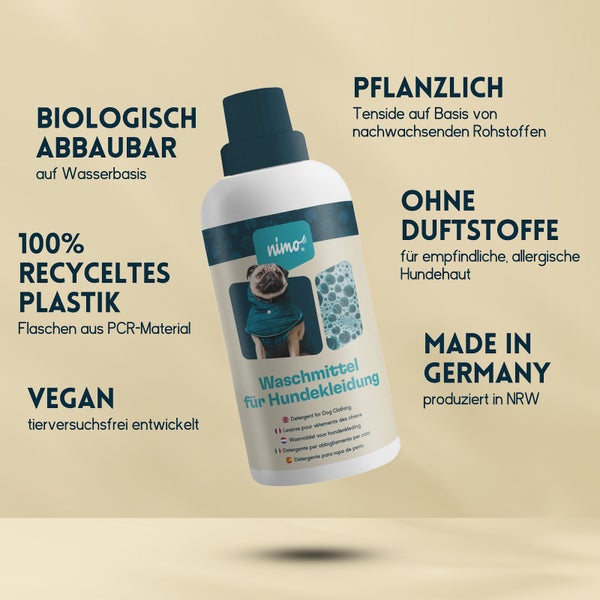 nimo® Waschmittel für Hundebekleidung • reinigt zuverlässig ohne Duftstoffe und Farbstoffe