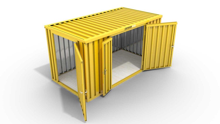 Lagercontainer Gerätehaus L  – 8 qm, H2150 x B4050 x T2170 mm, Außenwandlackierung RAL 1003 signalgelb, Dach außen verzinkt, mit Holzfußboden, 1830 mm Doppelflügeltür mittig in Breitseite und 1270 mm Einflügeltür mittig in Stirnseite, montiert
