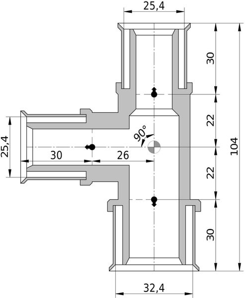 Technische Zeichnung eines T-Stücks mit Maßangaben in Millimetern und einem 90 Grad Winkel.