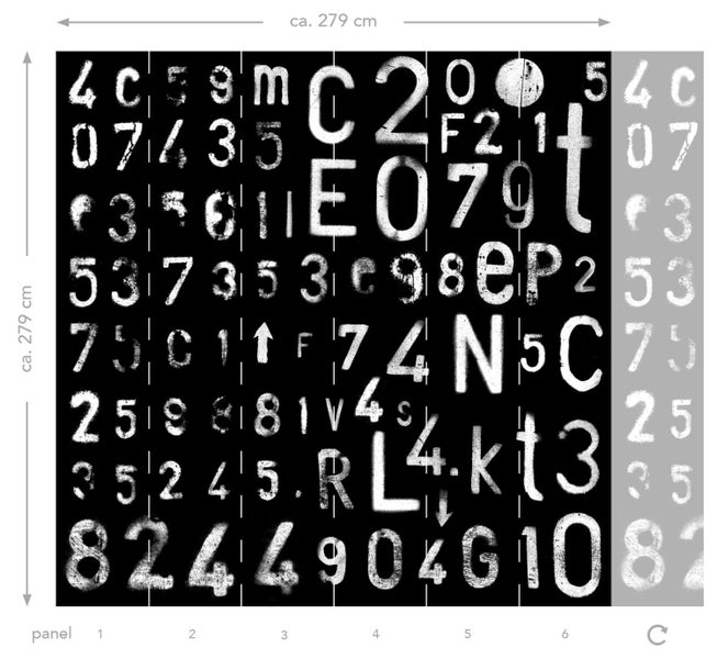 Tapete mit Zahlen und Buchstaben auf dunklem Hintergrund