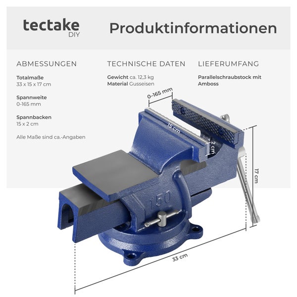 Tectake Parallelschraubstock aus Gusseisen mit Amboss und einer Spannweite von 0 bis 165 Millimeter inklusive technischer Produktinformationen