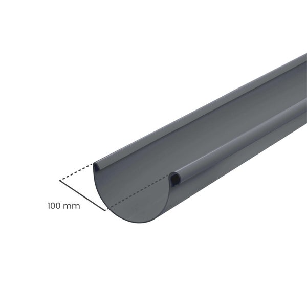 Halbrunde Dachrinne aus Kunststoff in Anthrazit mit einer Breite von 100 Millimeter.