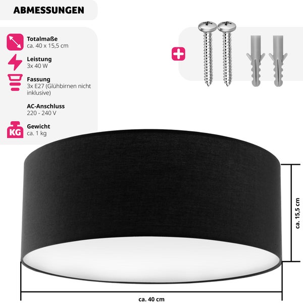 Schwarze Deckenleuchte mit Zubehör zur Montage, Abmessungen circa 40 x 15,5 cm, Leistung 3x 40 Watt, Fassung 3x E27, Gewicht circa 1 kg