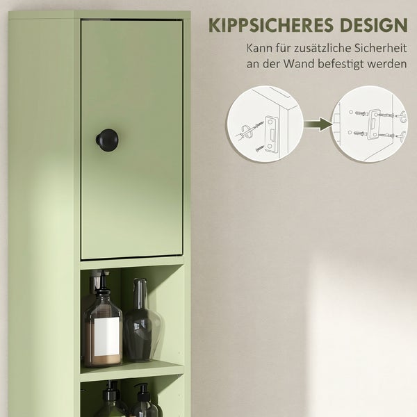 Schmaler Badezimmerschrank mit kippsicherem Design zur Wandmontage, ausgestattet mit einer Tür und offenen Regalfächern.