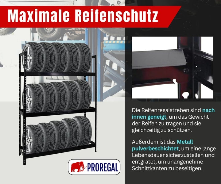 Schwarzes Reifenregal aus pulverbeschichtetem Metall mit drei Ebenen für Reifenlagerung und nach innen geneigten Streben. ProRegal Logo.