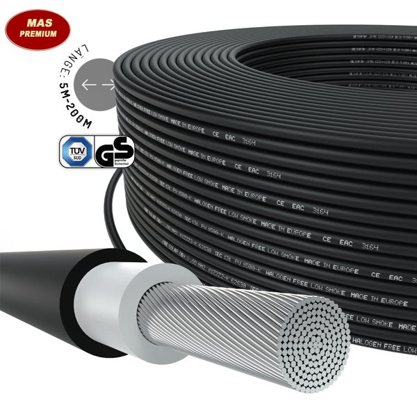 Solarkabel-Rolle, Querschnitt, halogenfrei, raucharm, TÜV SÜD, sicherheitsgeprüft, MAS Premium Logo, hergestellt in Europa, 5 bis 200 Meter.