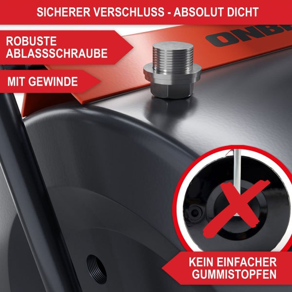 Nahaufnahme einer robusten Ablassschraube aus Metall mit Gewinde an einem schwarzen Behälter für einen absolut dichten Verschluss.